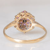 Anello a fiore vintage in oro giallo 9K con rubini (0.40ctw ca.) e diamanti, anni ‘70