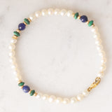Braccialetto vintage con perle bianche, lapislazzuli, malachite e con dischi e chiusura in oro giallo 14K, anni ‘70