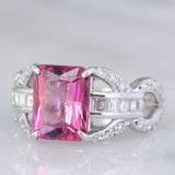 Anello da cocktail vintage in platino con tormalina rosa (3.25ct) e diamanti (0.77ctw), anni ‘70/‘80
