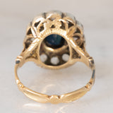 Anello a margherita vintage in stile antico in oro giallo 18K e argento con zaffiro (1ct ca.) e diamanti di taglio rosetta (0.36ctw ca.), anni ‘60/‘70