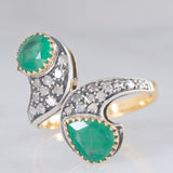 Anello contrarier vintage in stile antico in oro giallo 18K e argento con smeraldi (1.20ctw ca.) e diamanti di taglio rosetta (0.24ctw ca.), anni ‘60