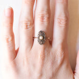Anello antico in oro giallo 8K e argento con perla bianca e diamanti di taglio rosetta, primi del ‘900