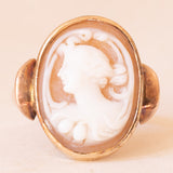 Anello vintage in oro giallo 9K con cammeo su conchiglia, anni ‘40/’50