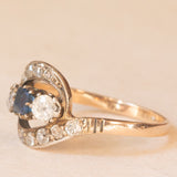 💙⚜️ Anello Art Nouveau contrarier + trilogy in oro giallo 14K con pasta di vetro blu e diamanti di taglio vecchia miniera (0.35ctw ca.), anni ‘10