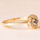 Anello a fiore vintage in oro giallo 14K con zaffiro (0.08ct ca.) e diamanti di taglio brillante (0.20ctw ca.), anni ‘80
