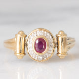 Anello doppio girevole in oro giallo 14K con rubino (0.20ct ca.)/smeraldo (0.14ct ca.) e diamanti, anni ‘80