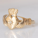 “Amicizia, amore, lealtà” Anello Claddagh vintage in oro giallo 9K con diamante