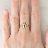 Anello vintage in oro giallo 18K con smeraldo (0.13ct ca.) e diamanti, anni ‘70/‘80