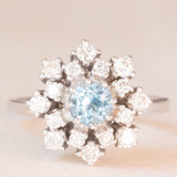 Anello a fiocco di neve vintage in oro bianco 14K con acquamarina (0.50ct ca.) e diamanti (0.70ctw ca.), anni ‘70
