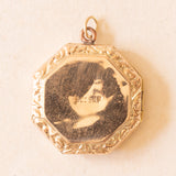 Ciondolo portafoto ottagonale vintage con lamina in oro giallo 9K su metallo, anni ‘40/‘50