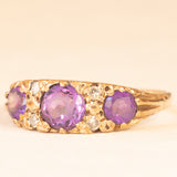 Anello vittoriano in oro giallo 9K con ametiste (0.30ctw ca.) e diamanti (0.04ctw ca.), primi del ‘900