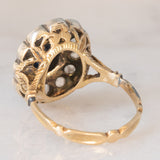 Anello a margherita vintage in stile antico in oro giallo 18K e argento con zaffiro (1ct ca.) e diamanti di taglio rosetta (0.36ctw ca.), anni ‘60/‘70