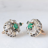 Orecchini antichi in oro giallo 18K e argento con smeraldi (0.30ctw ca.) e diamanti di taglio vecchia miniera (3ctw ca.), primi del ‘900