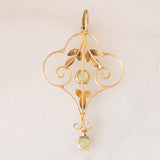 Pendente antico lavalier in oro giallo 9K con paste di vetro verdi, anni ‘10/‘20