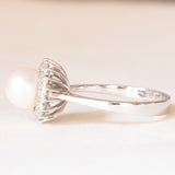 Anello a margherita vintage in oro bianco 14K con perla bianca e diamanti di taglio brillante (0.30ctw ca.), anni ‘50/‘60