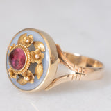 Anello antico in oro giallo 8K con calcedonio azzurro e tormalina rosa, primi del ‘900