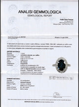 Anello a margherita vintage in platino con zaffiro (1.40ct) e diamanti di taglio brillante (0.94ctw), anni ‘80/‘90