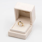 Anello vintage in oro giallo 14k con zaffiro e pietre bianche, anni '70