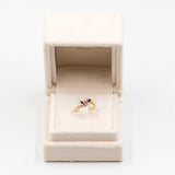 Anello vintage in oro giallo 18k con zaffiri, rubini e diamanti(0,10ct). Anni '70