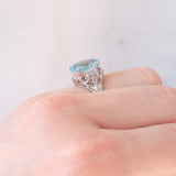 Anello vintage da cocktail in stile Art Déco in platino con acquamarina (2.72ct) e diamanti (0.08ctw), anni ‘90/anni ‘2000