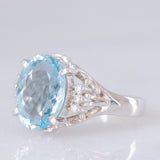 Anello vintage da cocktail in stile Art Déco in platino con acquamarina (2.72ct) e diamanti (0.08ctw), anni ‘90/anni ‘2000