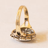 Anello a margherita vintage in oro giallo 18K e argento con zaffiro (2.60ct ca.) e diamanti di taglio rosetta, anni ‘50