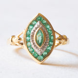 Anello a navette vintage in oro giallo e bianco 18K con smeraldi e diamanti, anni ‘60