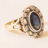 Anello a margherita vintage in oro giallo 18K e argento con zaffiro (2.60ct ca.) e diamanti di taglio rosetta, anni ‘50