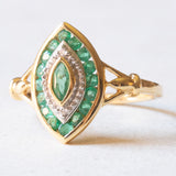 Anello a navette vintage in oro giallo e bianco 18K con smeraldi e diamanti, anni ‘60
