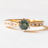 Anello vintage in oro giallo e bianco 14K con tormalina verde e diamanti (0.04ctw ca.), anni ‘80