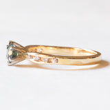 Anello vintage in oro giallo e bianco 14K con tormalina verde e diamanti (0.04ctw ca.), anni ‘80