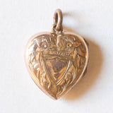 Ciondolo portafoto antico a forma di cuore con lamina in oro giallo 9K su metallo con disegni incisi, anni ‘30/‘40