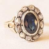 Anello a margherita vintage in oro giallo 18K e argento con zaffiro (2.60ct ca.) e diamanti di taglio rosetta, anni ‘50