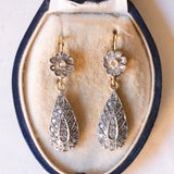 Orecchini vintage pendenti in stile antico in oro giallo 18K e argento con diamanti di taglio rosetta