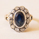 Anello a margherita vintage in oro giallo 18K e argento con zaffiro (2.60ct ca.) e diamanti di taglio rosetta, anni ‘50