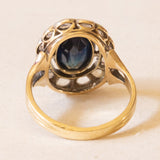 Anello a margherita vintage in oro giallo 18K e argento con zaffiro (2.60ct ca.) e diamanti di taglio rosetta, anni ‘50