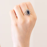 Anello a margherita vintage in oro giallo 18K e argento con zaffiro (2.60ct ca.) e diamanti di taglio rosetta, anni ‘50