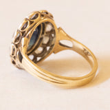 Anello a margherita vintage in oro giallo 18K e argento con zaffiro (2.60ct ca.) e diamanti di taglio rosetta, anni ‘50