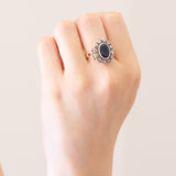 Anello a margherita vintage in oro giallo 18K e argento con zaffiro (2.60ct ca.) e diamanti di taglio rosetta, anni ‘50