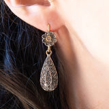 Orecchini vintage pendenti in stile antico in oro giallo 18K e argento con diamanti di taglio rosetta