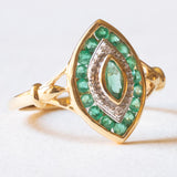 Anello a navette vintage in oro giallo e bianco 18K con smeraldi e diamanti, anni ‘60