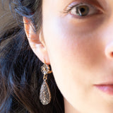 Orecchini vintage pendenti in stile antico in oro giallo 18K e argento con diamanti di taglio rosetta