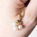 Collana vintage in oro giallo 14K con ciondolo con perle bianche e diamanti, anni ‘60/‘70
