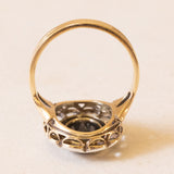 Anello a margherita vintage in oro giallo 18K e argento con zaffiro (2.60ct ca.) e diamanti di taglio rosetta, anni ‘50