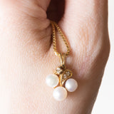 Collana vintage in oro giallo 14K con ciondolo con perle bianche e diamanti, anni ‘60/‘70