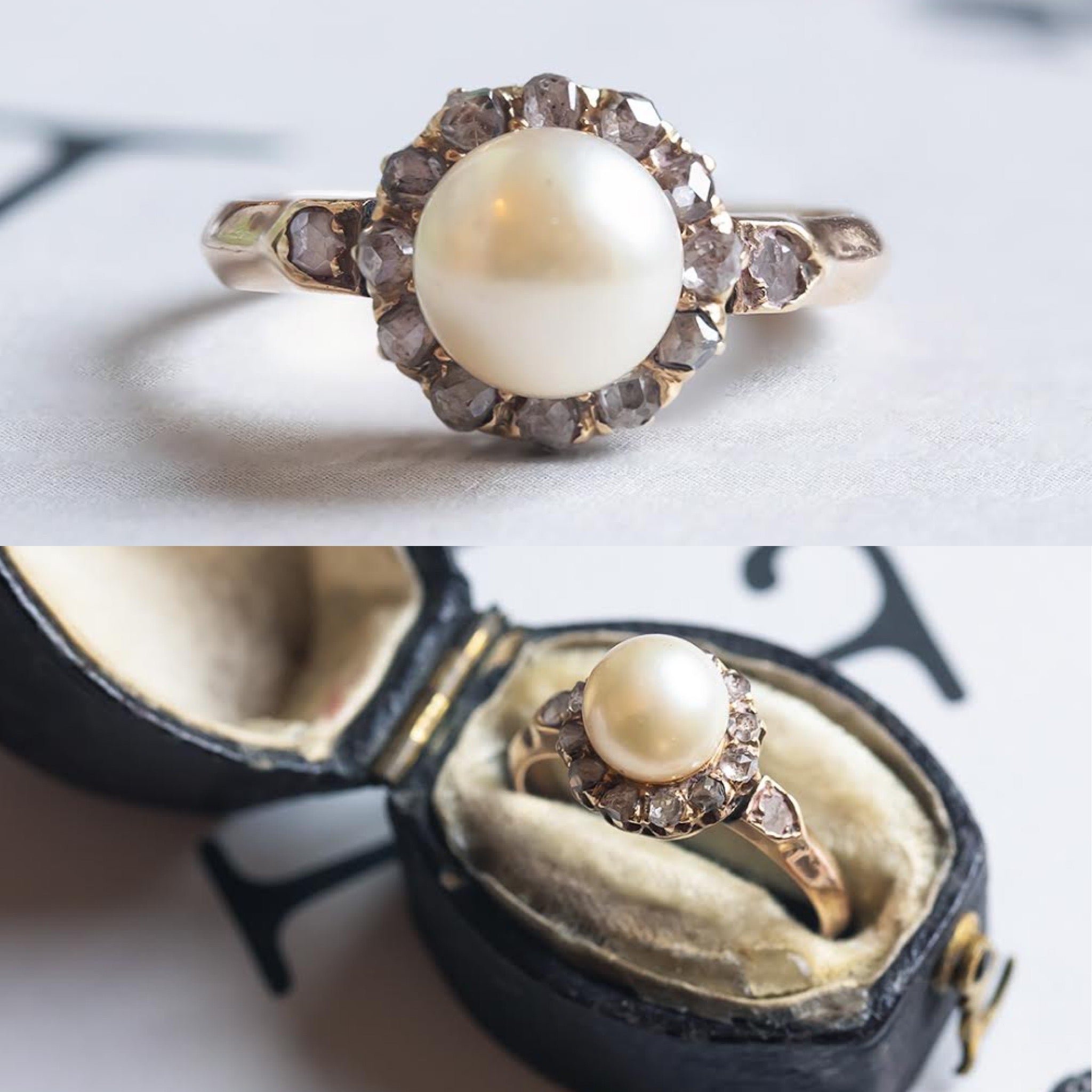 Bague Antique Or 18k Avec Perles Grises - Style Cluster Circa 1900 - Taille 52 - Bijou Vintage Français