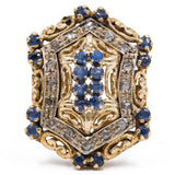 Anello vintage in oro giallo 18K con zaffiri e diamanti taglio rosetta, anni '60