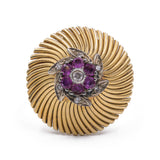 Anello vintage in oro giallo 18k con rubini e diamanti , anni 40/50