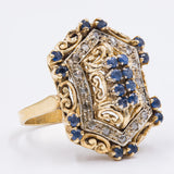 Anello vintage in oro giallo 18K con zaffiri e diamanti taglio rosetta, anni '60