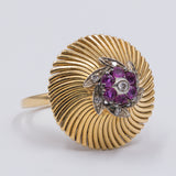 Anello vintage in oro giallo 18k con rubini e diamanti , anni 40/50